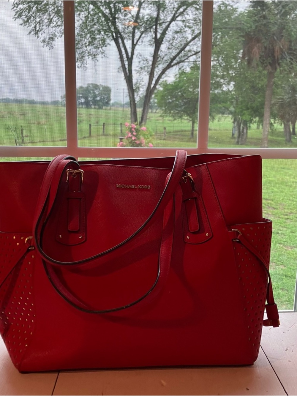 Michael Kors Bright Red Tote with Gold-Tone Accents